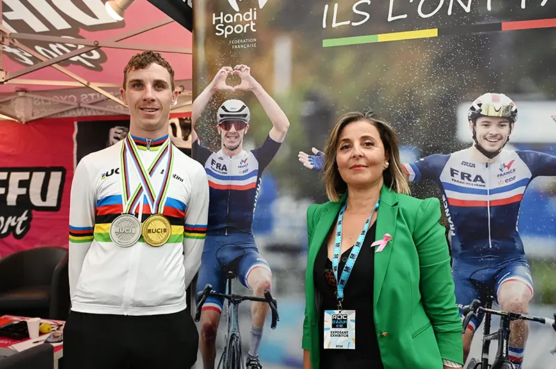 Nassima Barkallah, Adjointe à la Santé, et Matthis Lebeau, champion du monde de para cyclisme sur route catégorie C4