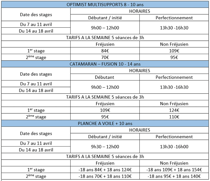 Tableau des prix